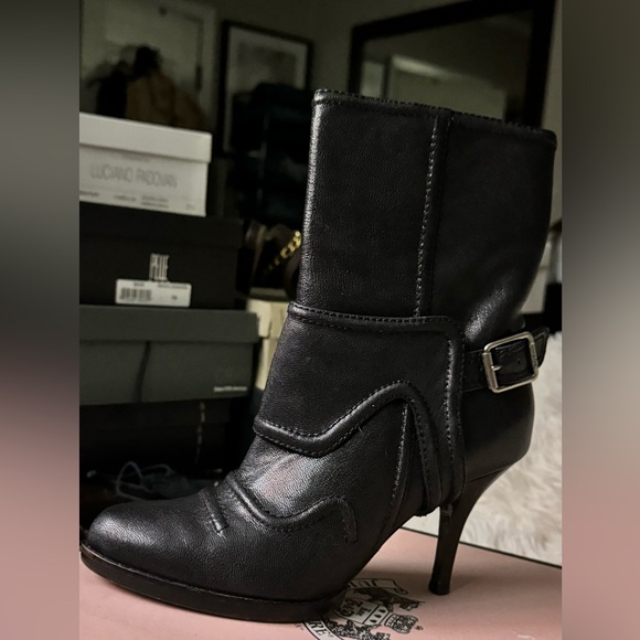 VTG Juicy Couture Mid Calf Leather Harness Boots GALLEY BLACK GLAZED GRAINY GOAT - Picture 7 of 13